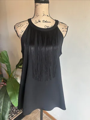 Alfani Sleeveless Fringe Black Top Size 10 thumbnail 2