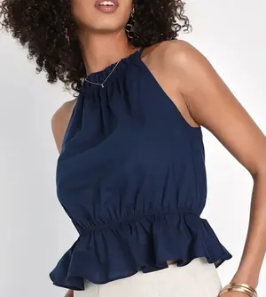 NEW Lulus Navy Blue Tie Back Peplum Tank Top Women’s Small thumbnail 1