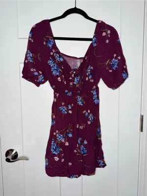 Xhilaration Eggplant Purple Floral Puff Sleeve Dress thumbnail 1