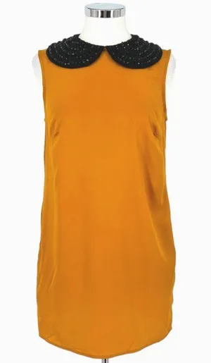 ASOS 60s Retro Mod Shift Dress Beaded Peter Pan Collar Mustard Yellow Size 8 thumbnail 1