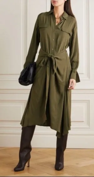 Vince olive green button front‎ tie front asymmetric hemline shirtdress size xs thumbnail 1