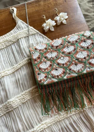 12th Tribe Jasmine Green and Pink Beaded Fringe Bag thumbnail 1