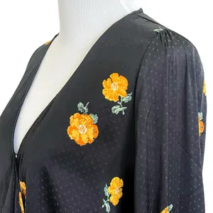 Madewell Bubble-Sleeve Black Wrap Top with Yellow Gold Floating Florets S thumbnail 6