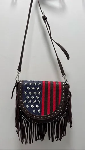 Brown faux leather Rodeo Fringe American Flag crossbody bag charming charlie thumbnail 1