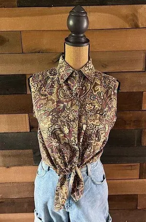 Vintage Haley Purple & Brown Paisley Floral Button Up Sleeveless Top Size Medium thumbnail 1