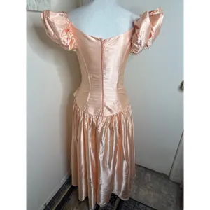 Vintage 80s Peach Satin Prom Dress ILGWU Drop Waist Puff Sleeve Bow Hi Low thumbnail 7
