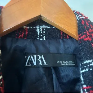 Zara Tweed Double Breasted Blazer Oversized Plaid Red Black Suit‎ Jacket Size XS thumbnail 5