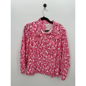 Crown & Ivy Womens Large Pink White Heart Print Ruffle Clip Dot Cotton Blouse thumbnail 2