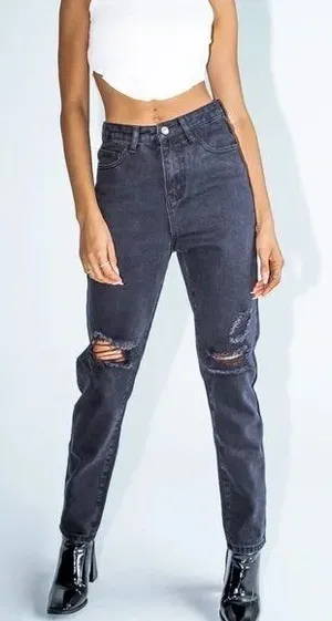Princess Polly Black Claremont Mom Denim Jeans‎ Size US 6 Distressed Grunge NWT thumbnail 1