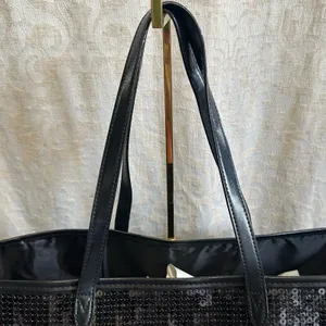 Victorias Secret Metallic Sequin Striped Large Black Tote Gold Red Silver Bag thumbnail 7