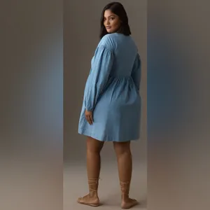 By Anthropologie Long-Sleeve Square-Neck Denim Mini Babydoll Dress Size M NWOT thumbnail 3