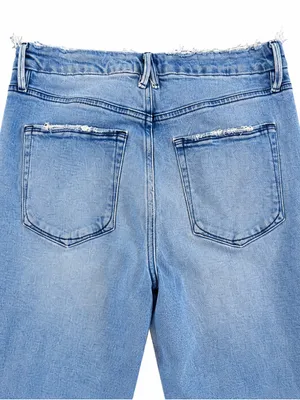 Good American Jeans 12/31 High Rise Straight Leg Light Wash Distressed Raw Hem thumbnail 4