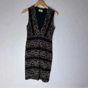 Nightcap Moroccan‎ Black Gold Lace V Neck Dress Size 3 Medium CP thumbnail 3