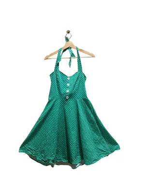 Boutique Polka Dot Halter Pin Up Dress Green Size M Retro 50’s Dress Up Kitch thumbnail 2