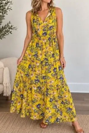 Anthropologie Maeve Yellow with Purple Floral Maxi Dress thumbnail 1