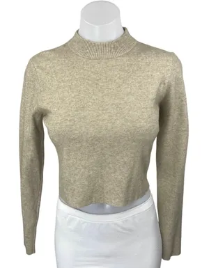Mable Beige Khaki Tan Knit Long Sleeve Mock Neck Cropped Sweater Top Size M thumbnail 1