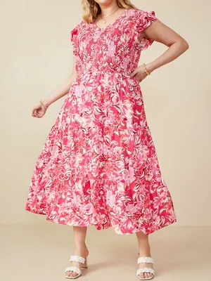 HAYDEN LA Tropical Floral Smocked Ruffled Midi Tank Dress Pink Sz Large thumbnail 1