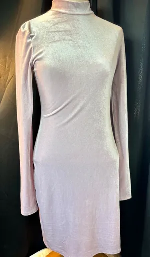 HM Lavender Shimmer Velvet Mock Neck Long Sleeve Ruched Bodycon Mini Dress Small thumbnail 1