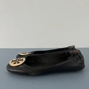 Tory Burch‎ Minnie Black Leather Gold Logo Elastic Heel Ballet Flats thumbnail 4