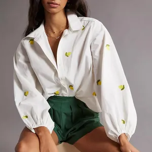 Anthropologie Maeve Embroidered Lemons Button Down Shirt Whimsy Euro Fruit thumbnail 1