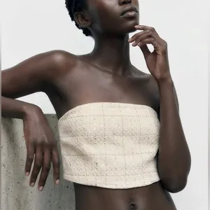 NWT Zara Tweed Metallic Sequin Tube Top Cream Gold Evening Classic Glam Size S thumbnail 1