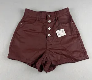 Zara Womens High Waisted Coated Shorts Burgundy Size 2 thumbnail 1