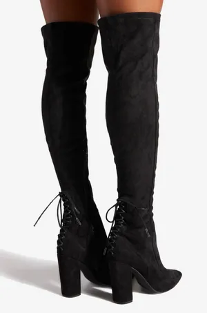 Ivona Stretch Over The Knee Boots Black Faux Suede Tie Detail 4” Heel thumbnail 3