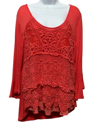 Live and Let Live Womens Crochet Tunic XL Coral Boho Cottage Lace‎ Chiffon Indie thumbnail 1