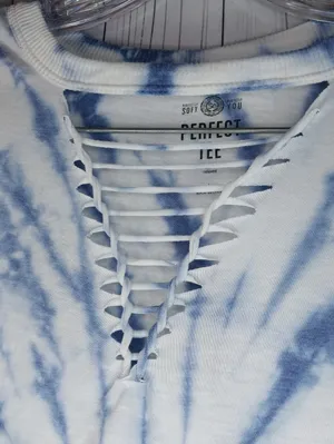 American Eagle Blue and White Tie-Dye Boho Festival Tank with Lattice V-Neck thumbnail 2
