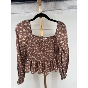 Dizzy Lizzy Smocked Peplum Floral Blouse XS Brown Boho Cottagecore Puff Sleeve thumbnail 12