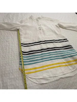 Lauren Ralph Lauren Linen Striped Henley Tunic Blouse White Nautical Sz M Medium thumbnail 3