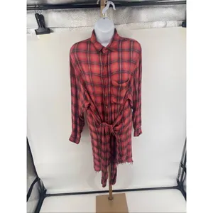 Free People FP One Grunge Mini Dress Long Sleeve Plaid Button Front Size L thumbnail 2
