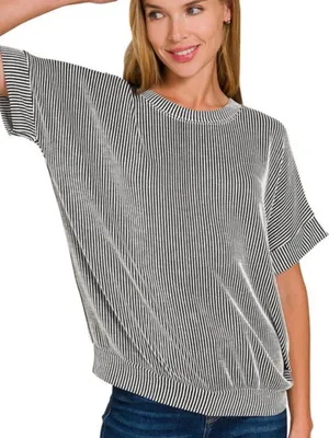 Zenana Outfitters Top Shirt Short Sleeve Oversized Stripe Brown White Medium thumbnail 1