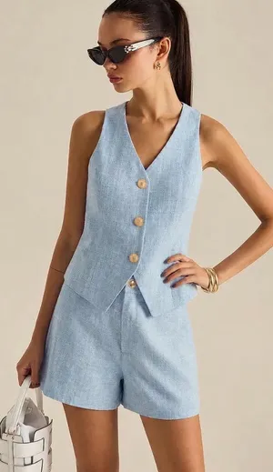 Commense Textured Metal Button Vest & Shorts Set - Blue thumbnail 1