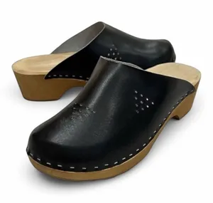 Marcus Black Leather Wooden Swedish Clogs Size 36 thumbnail 1