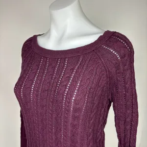 American Eagle Y2K Maroon Red Crochet Cable Knit Long Sleeve Sweater Top XS thumbnail 4