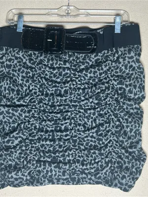 Plus size Black and Gray Leopard Print Ruched Mini Skirt with Belt 2X Stretchy. thumbnail 1