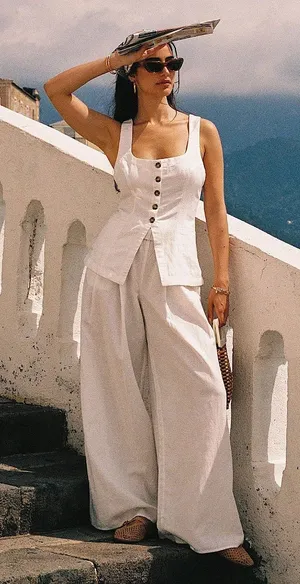 L*Space Sofie Vest White Linen Button Front Square Neck Sleeveless Top thumbnail 1