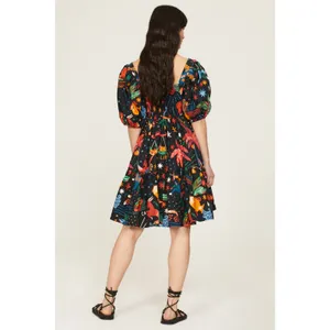 Farm Rio Zodiac Print Black Puff Sleeve Square Neck Babydoll Mini Dress Size M thumbnail 2