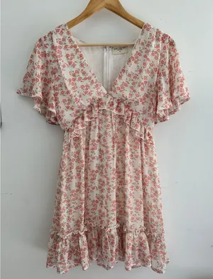 Kiss The Sky Floral Ruffle Mini Dress Pink Cream V-Neck Flutter Sleeve XS thumbnail 1