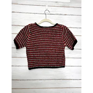 POL Fuzzy Striped Crop Sweater Top Red Black Cream Size Large thumbnail 2
