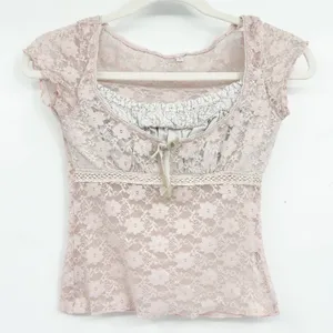 Womens Baby Pink Sheer Floral‎ Lace Coquette Fairycore Cap Sleeve Dainty Top S thumbnail 1