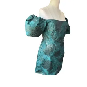 Altar'd State Skylar Emerald Green Floral Jacquard Puff Sleeve Mini Dress NWT M thumbnail 5