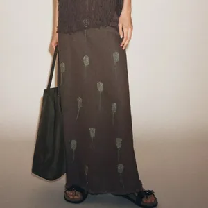 Zara NWT taupe gray cotton & linen embellished print maxi skirt thumbnail 8