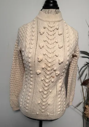 Sézane La Maille Wool Pom Pom Pointelle Cable Knit Sweater Cream XS Mock Neck‎ thumbnail 1