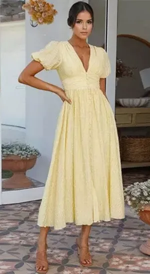 Commense Butter Yellow Plaid Picnic Whimsy Cottage Button Front Maxi Dress NWT M thumbnail 1