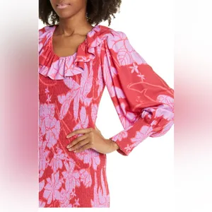 Farm Rio dress living nature pink red women’s medium long‎ puff sleeve thumbnail 2