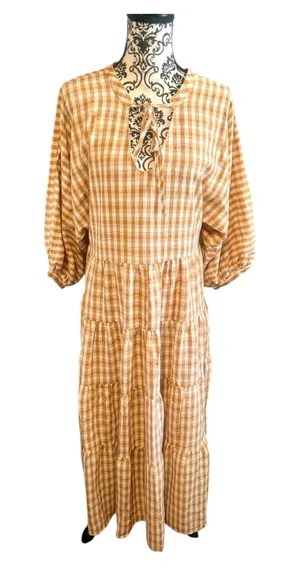 ON YOU White and Camel Gingham Maxi Dress thumbnail 1