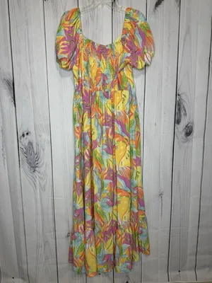 Skies Are Blue Floral Maxi Dress Size L Ruffle Puff Sleeve Smocked Back Lined thumbnail 4