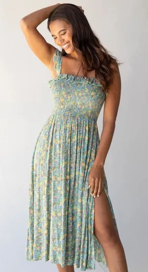 Natural Life Megan Floral Smocked Midi Dress with Ruffle Straps Size Small thumbnail 1